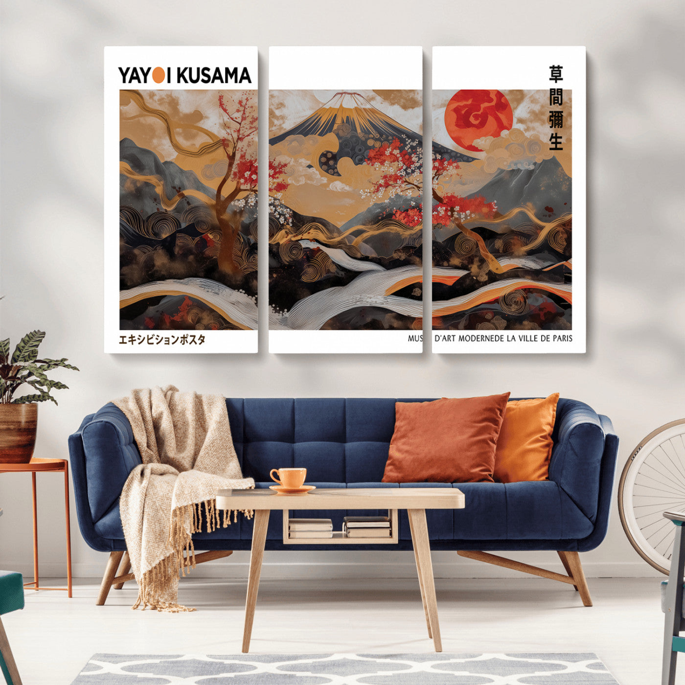 MGV-CV-48X32-3P - Mount Fuji Wall Art Print, Yayoi Kusama Canvas Wall Art, Abstract Mount Fuji Canvas Print, Japanese