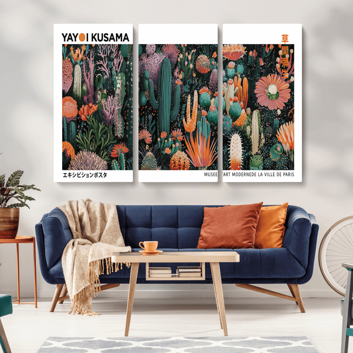 MGV-CV-48X32-3P - Modern Japanese Wall Art Print, Yayoi Kusama Print Wall Decor, Abstract Mount Fuji Canvas Print,
