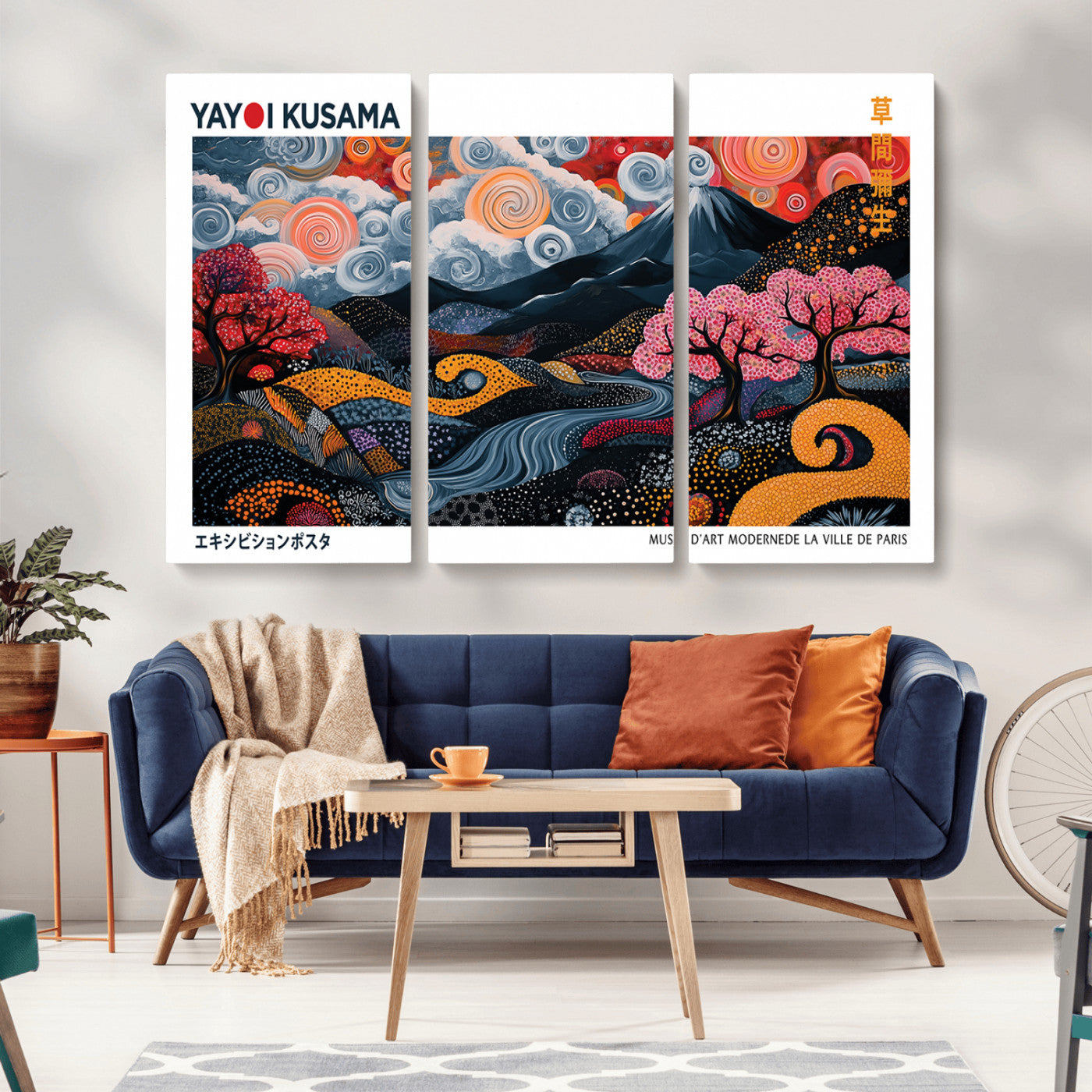 MGV-CV-48X32-3P - Modern Japanese Wall Art Print Yayoi Kusama Canvas Wall Art Abstract Mount Fuji Canvas Print