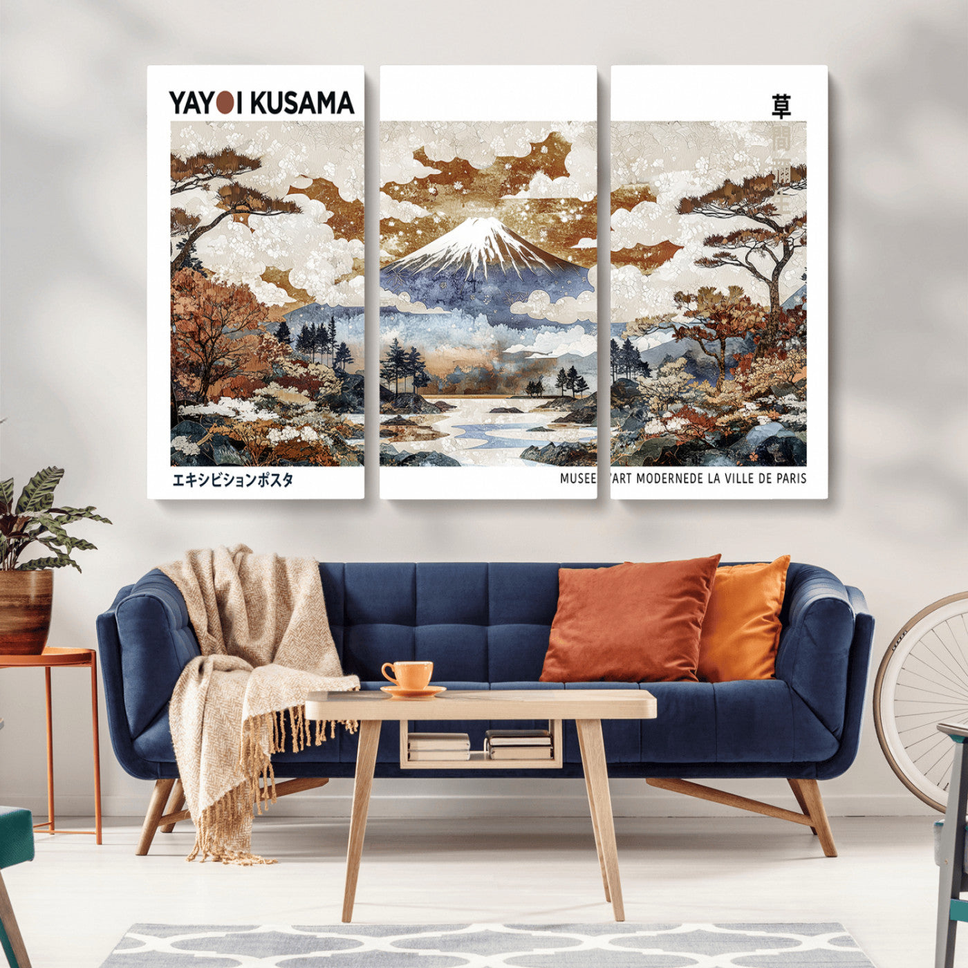 MGV-CV-48X32-3P - Modern Japanese Wall Art Print Yayoi Kusama Canvas Wall Art Abstract Mount Fuji Canvas Print