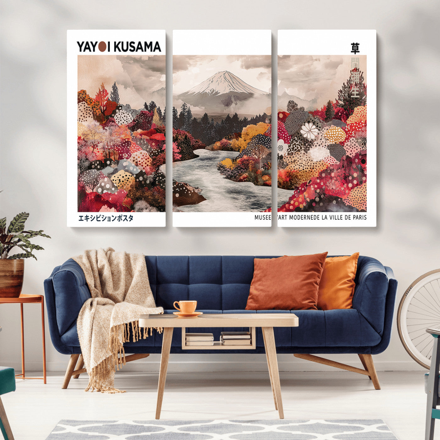 MGV-CV-48X32-3P - Modern Japanese Wall Art Print, Yayoi Kusama Canvas Wall Art, Abstract Mount Fuji Art Canvas Print,