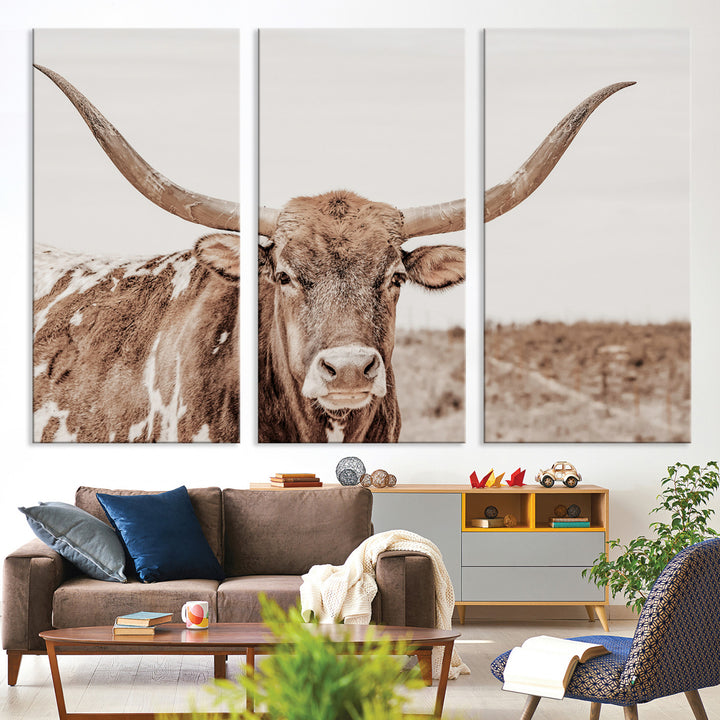 Longhorn Bull Photo Wall Art Canvas Print, Framed Rustic Cow Art Picture Print, Neutral Farmhouse Perfect Rustic Neutral Farmhouse Decor