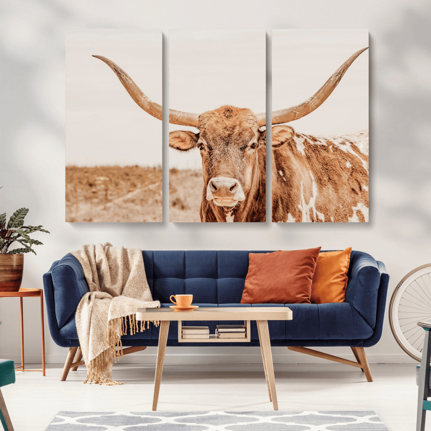 MGV-CV-48X32-3P - Longhorn Bull Wall Art Canvas Print, Framed Western Cow Art Picture Print, Rustic Farmhouse Perfect Neutral Farmhouse Decor Artwork