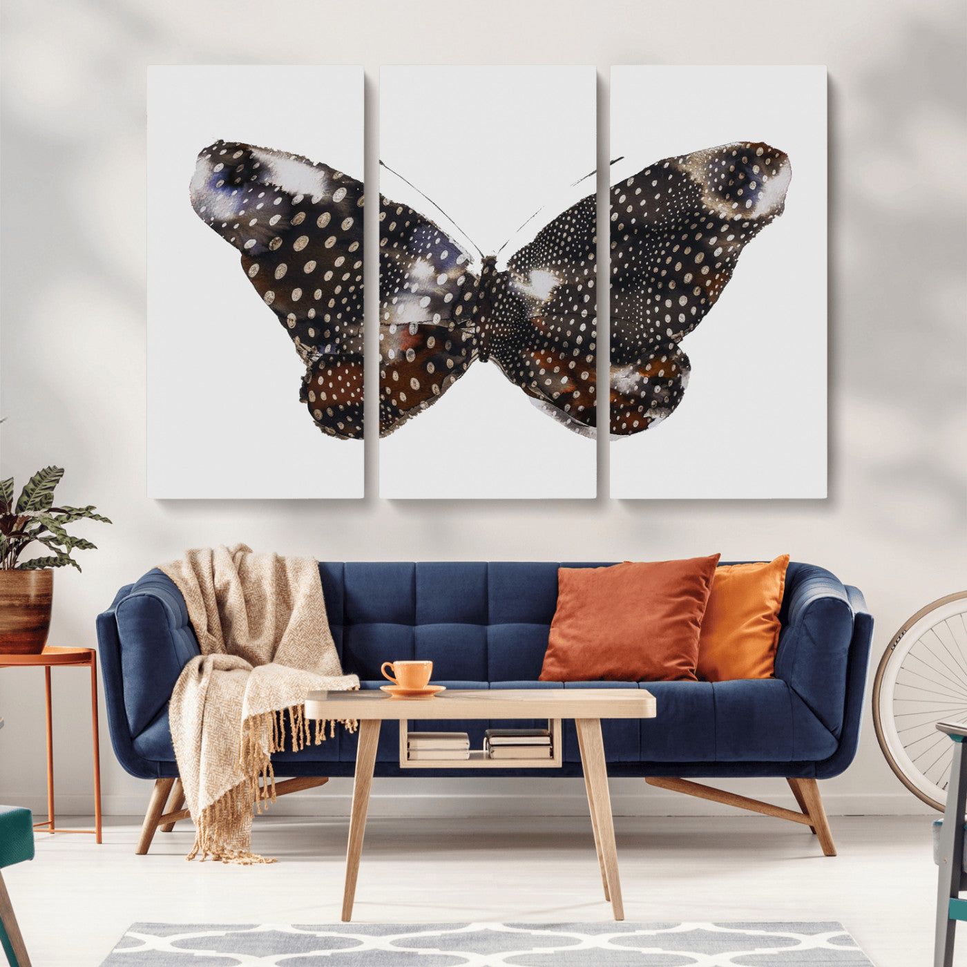 MGV-CV-48X32-3P - Spotted Butterfly Wall Art Canvas Print, Framed Neutral Insect Theme Art Picture Print, Earthy Wing Pattern Perfect Modern Rustic Decor Artwork