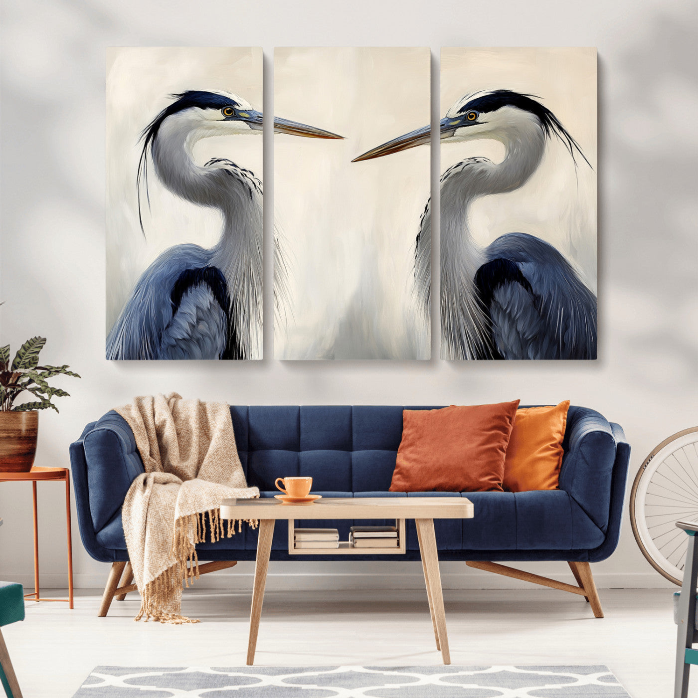 MGV-CV-48X32-3P - Blue Heron Pair Wall Art Canvas Print, Framed Coastal Bird Theme Art Picture Print, Tranquil Wildlife Scene Perfect Coastal Minimalist Decor Artwork