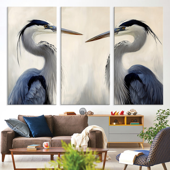 Blue Heron Pair Wall Art Canvas Print, Coastal Bird Theme Print, Framed Tranquil Wildlife Scene Art Print, Large Nature Inspired Decor Printing