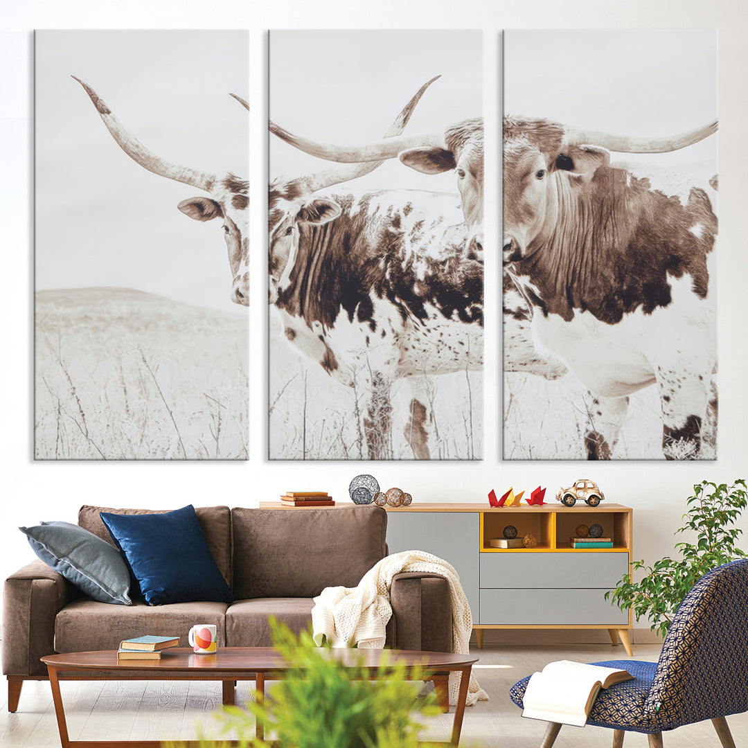 Longhorn Wall Art Wall Art Canvas Print, Western Cow Canvas Print, Framed Rustic Farm Decor Art Print, Large Neutral Animal Scene Printing