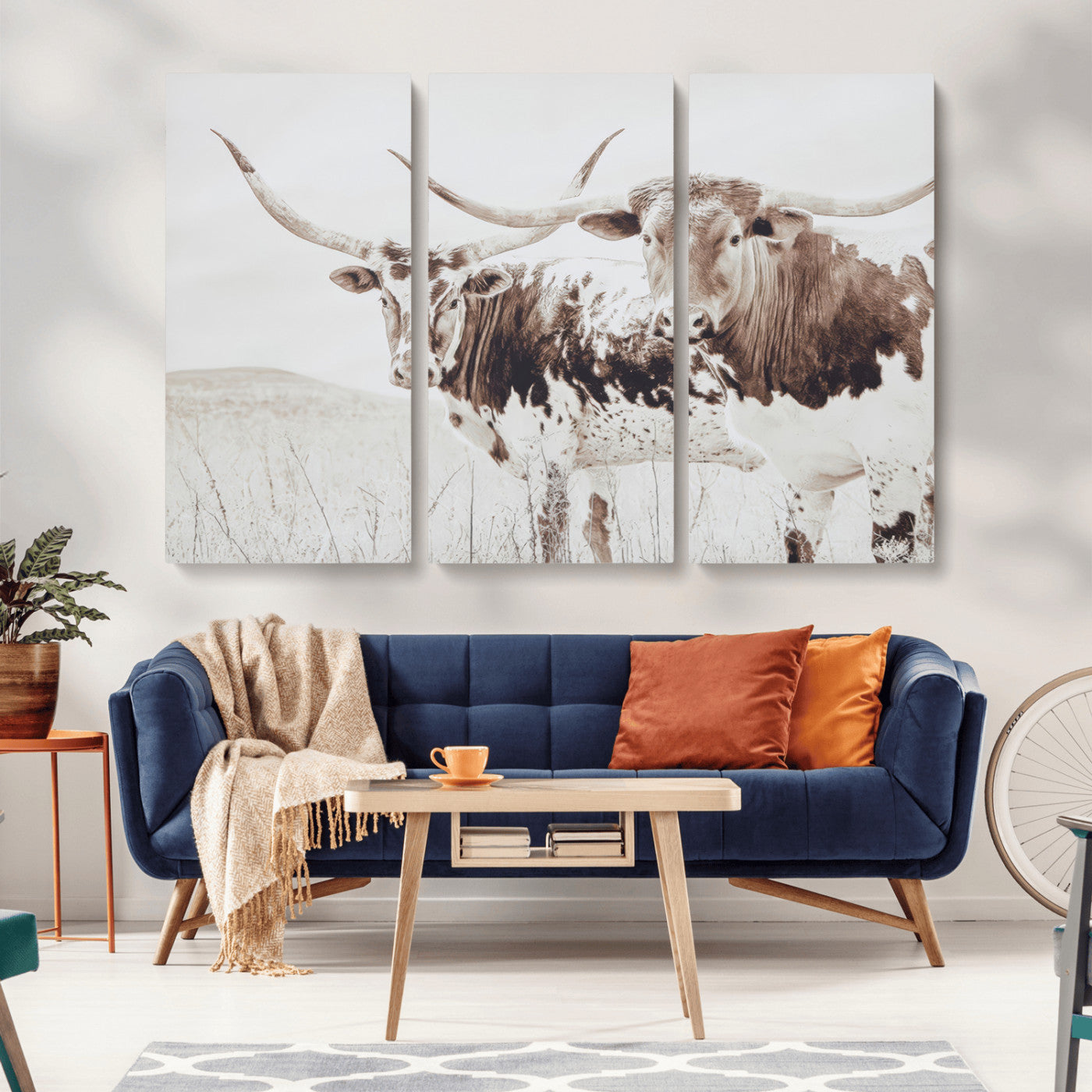 MGV-CV-48X32-3P - Longhorn Wall Art Wall Art Canvas Print, Framed Western Cow Canvas Art Picture Print, Rustic Farm Decor Perfect Rustic Farmhouse Decor Artwork