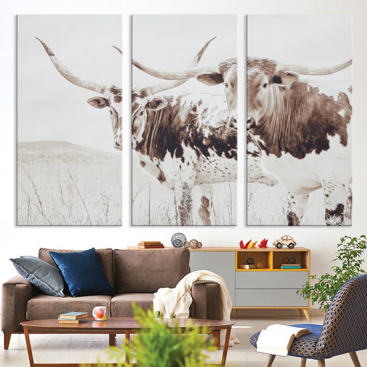 Longhorn Wall Art Wall Art Canvas Print, Western Cow Canvas Print, Framed Rustic Farm Decor Art Print, Large Neutral Animal Scene Printing