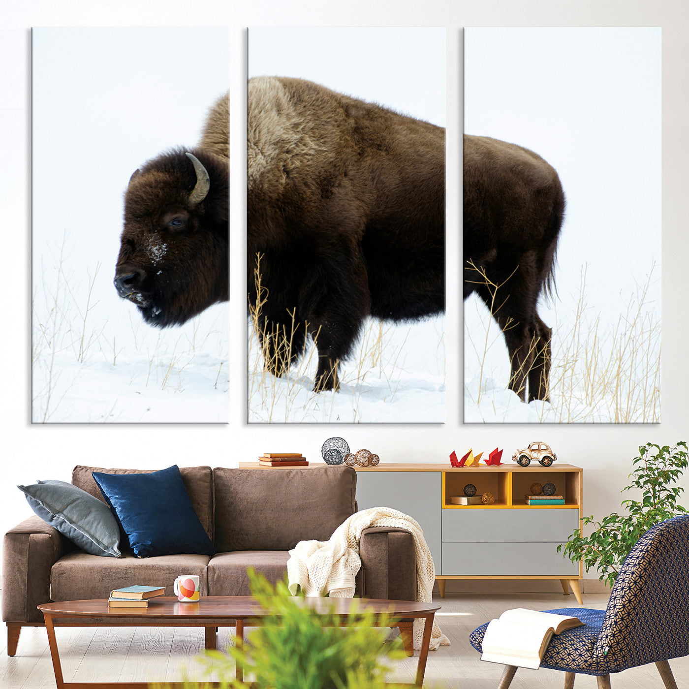 76778120-MGV-CV-36X24-Bison Photography Wall Art Canvas Print, Framed Western Wildlife Art Picture Print, Buffalo On Snow Perfect Western Decor Artwork