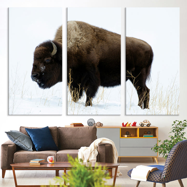 Bison Photography Wall Art Canvas Print, Framed Western Wildlife Art Picture Print, Buffalo On Snow Perfect Western Decor Artwork