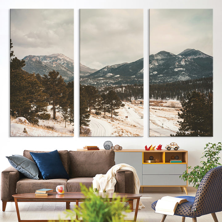 Mountain Landscape Wall Art Canvas Print, Framed Snowy Peaks Art Picture Print, Alpine Aesthetic Perfect Rustic Winter Decor Artwork