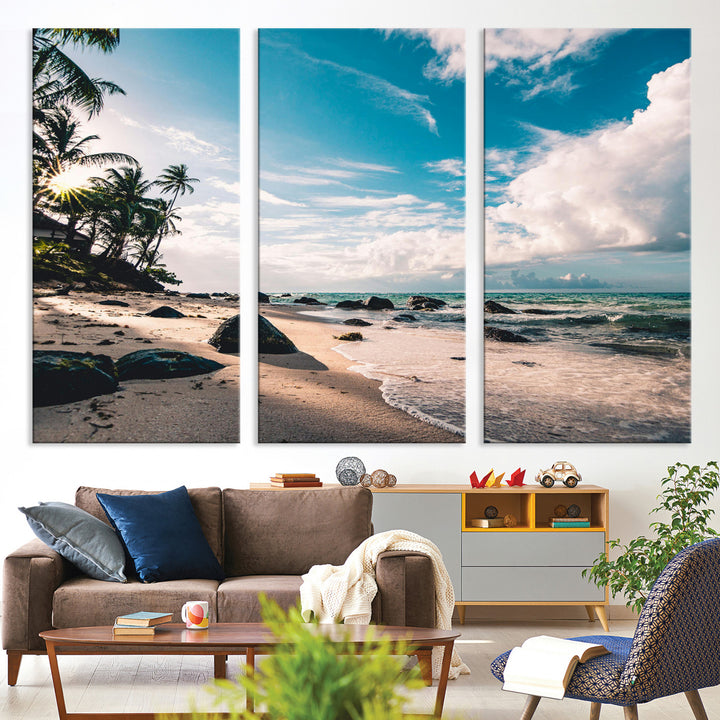Tropical Beach Wall Art Canvas Print, Framed Ocean Waves Art Picture Print, Relaxing Seascape Perfect Tropical Coastal Decor Artwork