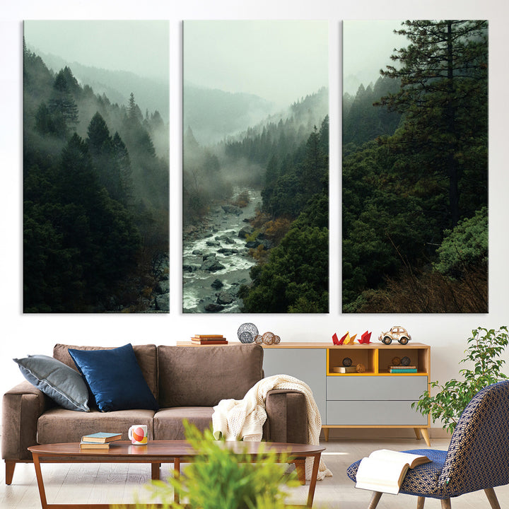 Misty Forest Wall Art Canvas Print, Framed Foggy River Art Picture Print, Moody Landscape Perfect Wilderness Decor Artwork