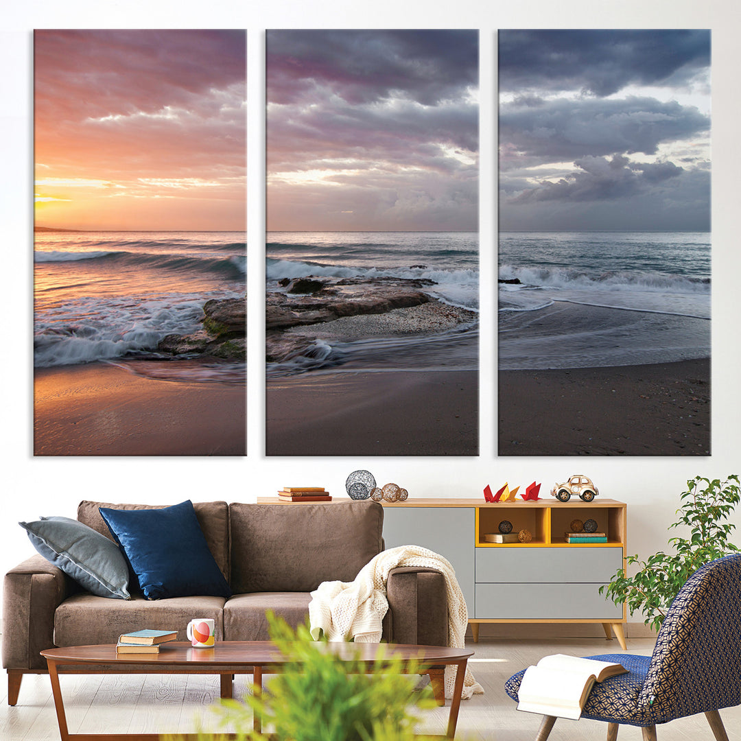 Golden Hour Wall Art Canvas Print, Framed Tranquil Waves Art Picture Print, Beach Perfect Coastal Serenity Decor Artwork