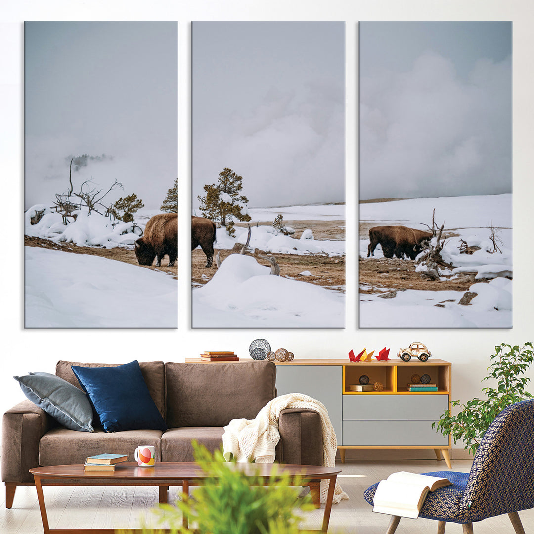 Bison Wildlife Wall Art Canvas Print, Framed Snowy Prairie Art Picture Print, Western Perfect Rustic Decor Artwork