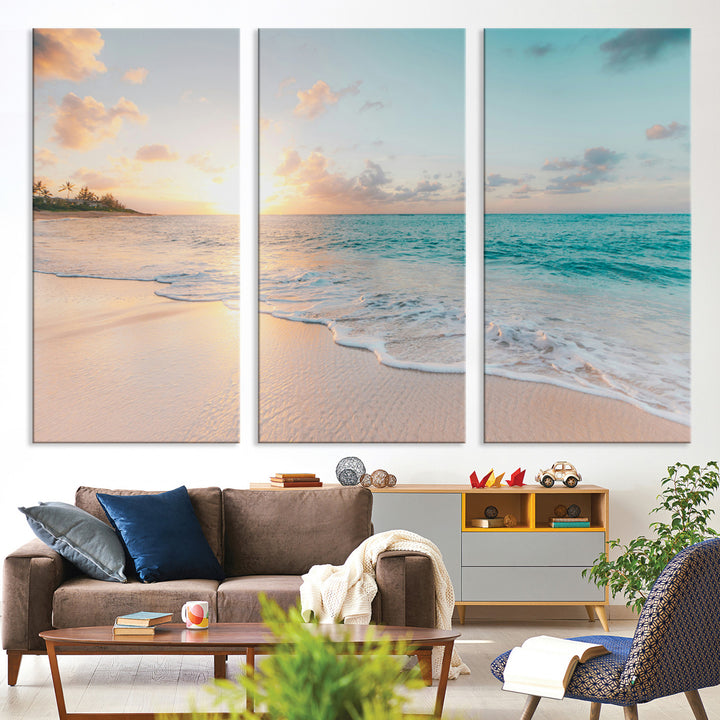 Beach Sunset Wall Art Canvas Print, Framed Ocean Waves Art Picture Print, Summer Escape Perfect Coastal Decor Artwork