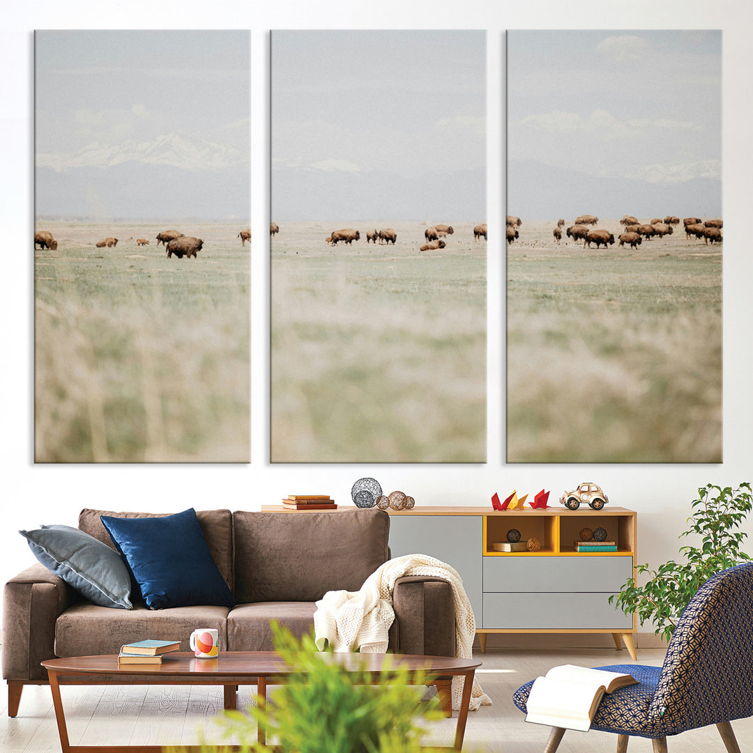 Bison Herd Wall Art Canvas Print, Framed Western Art Picture Print, Bison Perfect Ranch Decor Artwork