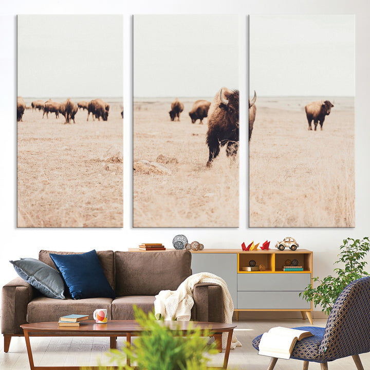 Bison Herd Wall Art Canvas Print, Framed Western Art Picture Print, Prairie Serenity Perfect Ranch Decor Artwork