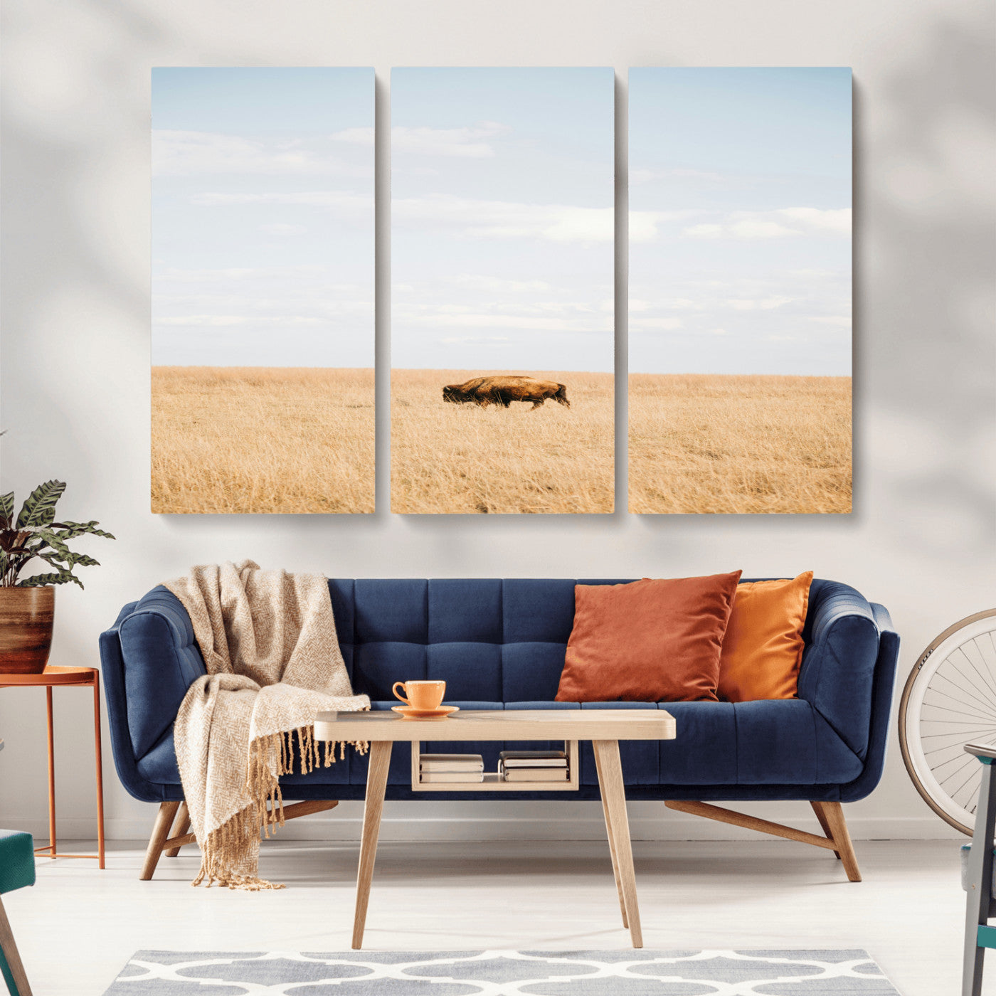 MGV-CV-48X32-3P - Minimalist Nature Wall Art Canvas Print, Framed Bison In Grassland Art Picture Print, Open Field Perfect Modern Ranch Decor Decor Artwork