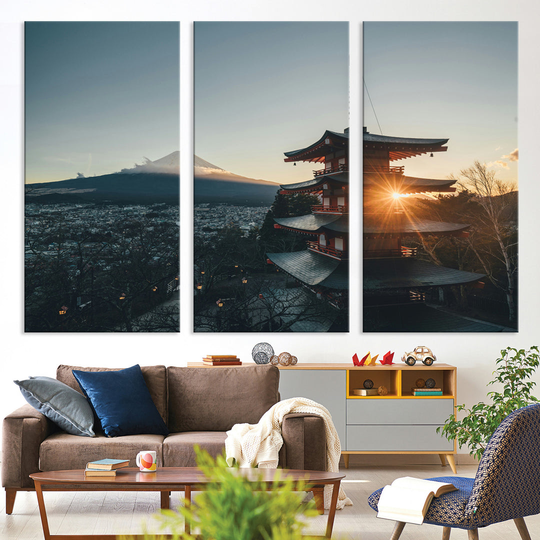 Chureito Pagoda at sunset with Mount Fuji in the background, city lights below, and golden sun rays, ideal for Japanese-inspired wall art.