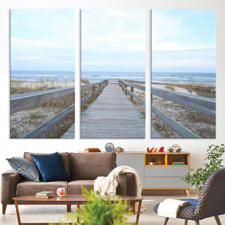 Beach Boardwalk Wall Art Canvas Print, Framed Coastal Serenity Art Picture Print, Ocean View Perfect Coastal Decor Artwork