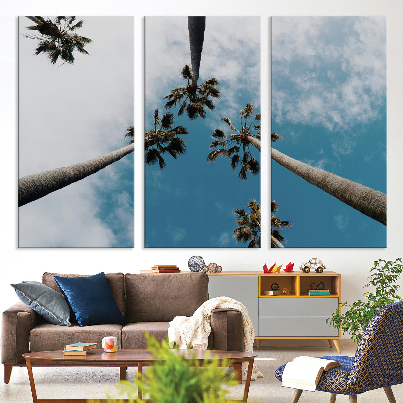 45236398-MGV-CV-36X24-Tropical Palm Trees Wall Art Canvas Print, Framed California Sky Art Picture Print, Minimalist Nature Perfect Coastal Minimalist Decor
