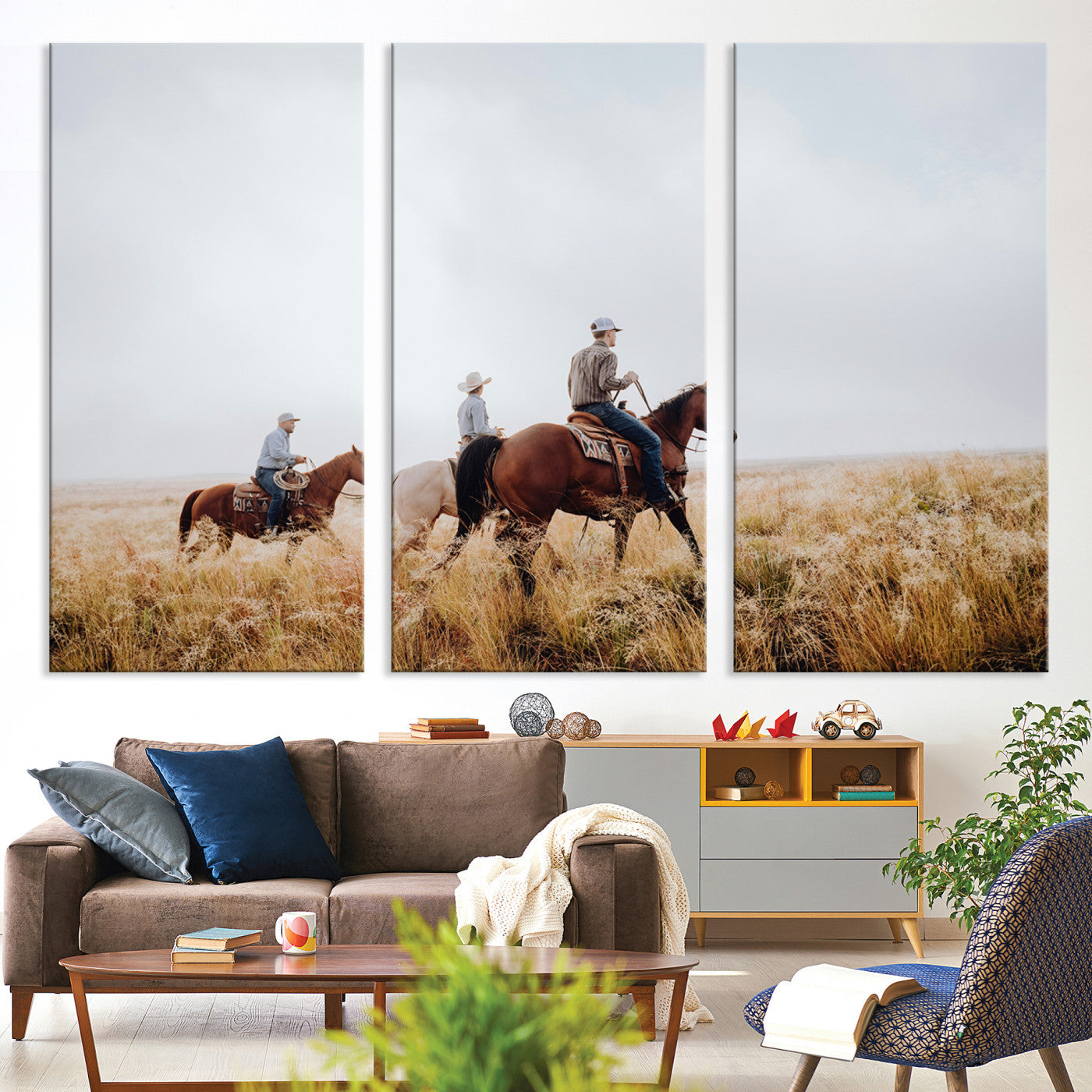 94723307-MGV-CV-36X24-Western Cowboys Wall Art Canvas Print, Framed Rustic Prairie Art Picture Print, Horseback Riding Print Canvas, Perfect Rustic Western Decor