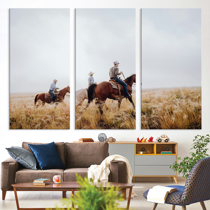 Three cowboys riding horses through a foggy prairie landscape, dressed in Western attire, evoking a rustic and adventurous Wild West aesthetic.