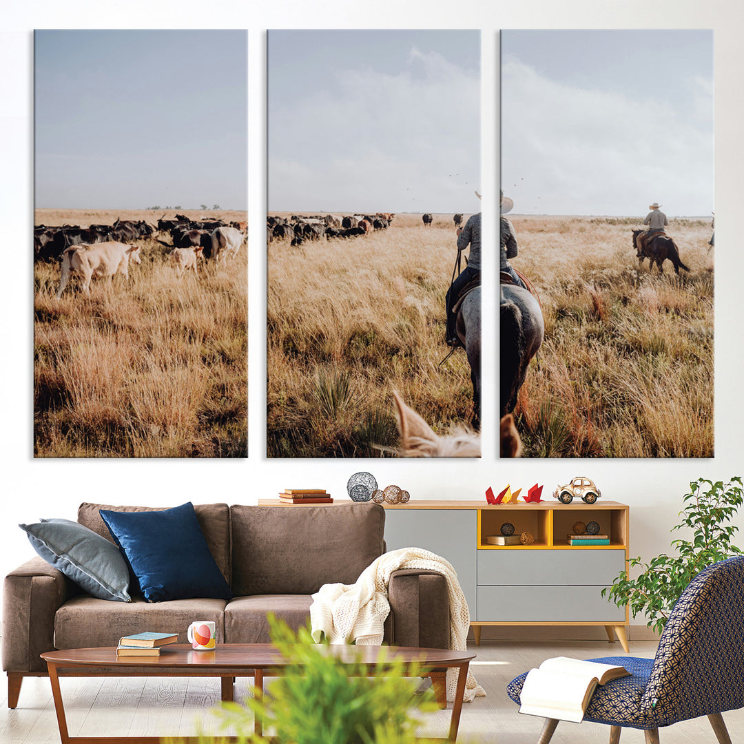 Western Wall Art Wall Art Canvas Print, Framed Cowboy Canvas Art Picture Print, Cattle Drive Scene Perfect Rustic Western Decor Artwork