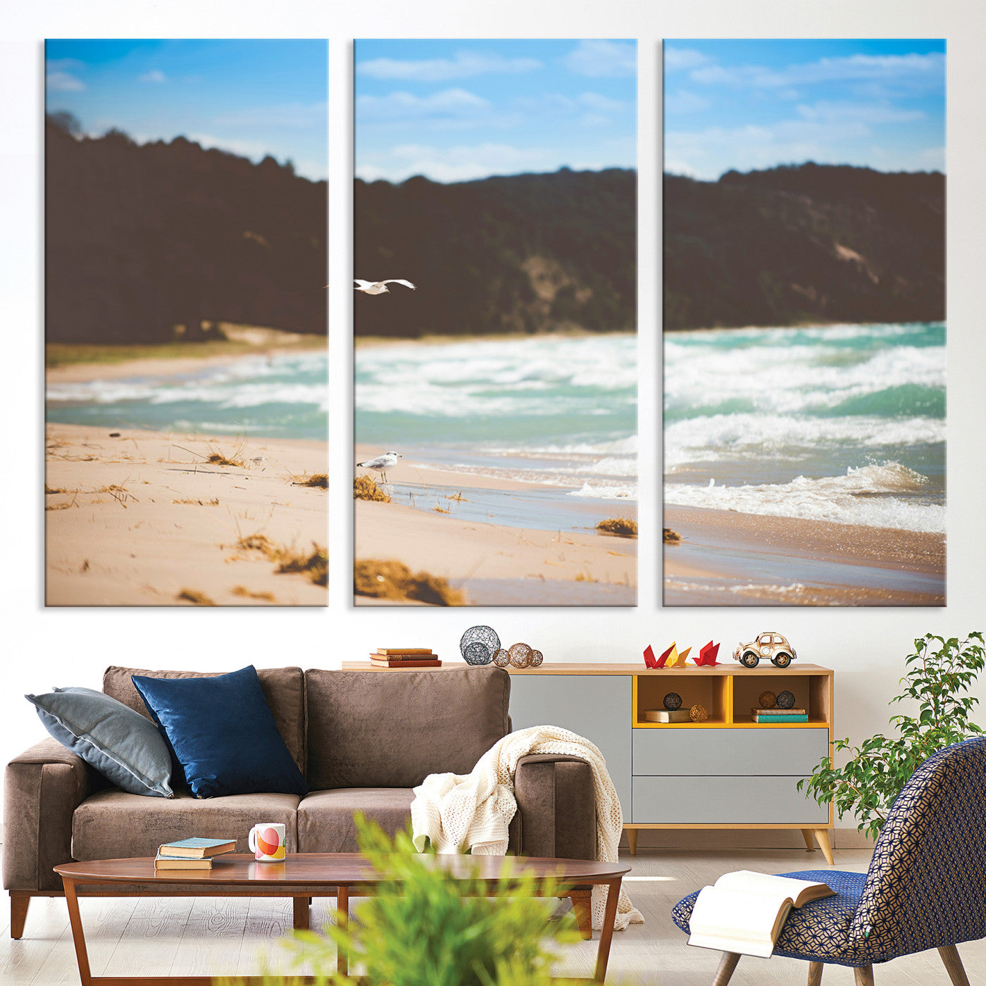 84260965-MGV-CV-36X24-Tranquil Beach Scene Wall Art Canvas Print, Framed Blue Ocean Waves Art Picture Print, Sandy Coastline Perfect Coastal Cottage Decor Artwork