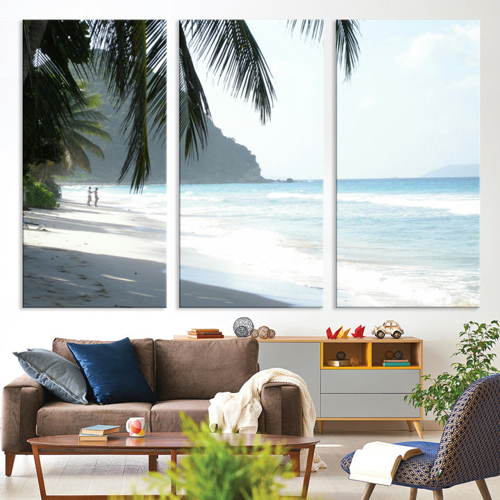 Tropical beach with palm tree shadows, white sand, and turquoise ocean waves, creating a serene and relaxing island escape atmosphere.