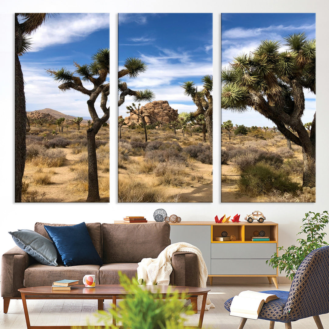 Scenic Joshua Tree landscape with rugged desert terrain, golden dry grass, and a deep blue sky, creating a warm, rustic Southwestern aesthetic.