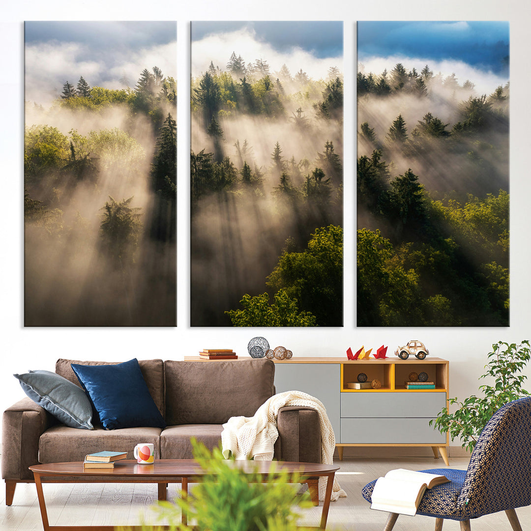Tranquil Forest Scene Wall Art Canvas Print, Framed Sunbeam Through Trees Art Picture Print, Moody Green Wall Art Perfect Scandinavian