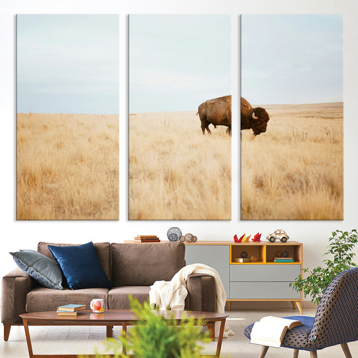 A lone bison standing in a vast golden grassland under a soft blue sky, evoking a rustic and Western aesthetic, ideal for farmhouse decor.