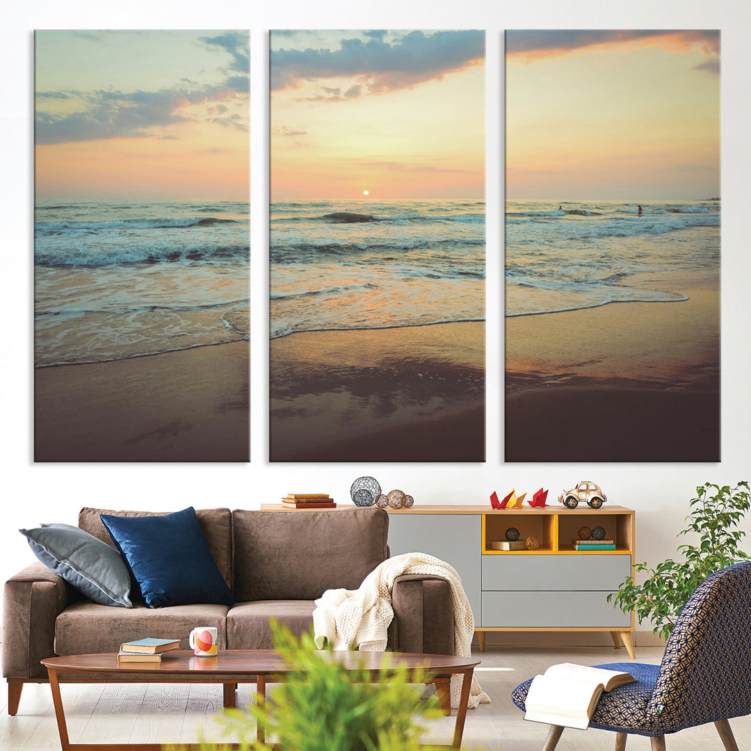 Warm sunset over gentle ocean waves with pastel sky and reflections on wet sand, creating a calm and soothing beach ambiance.