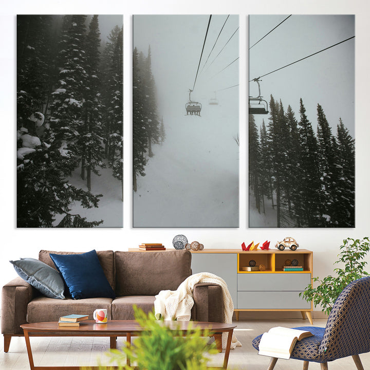 Ski Lift Wall Art Canvas Print, Framed Snowy Pines Art Picture Print, Misty Landscape Perfect Winter Serenity Decor Artwork