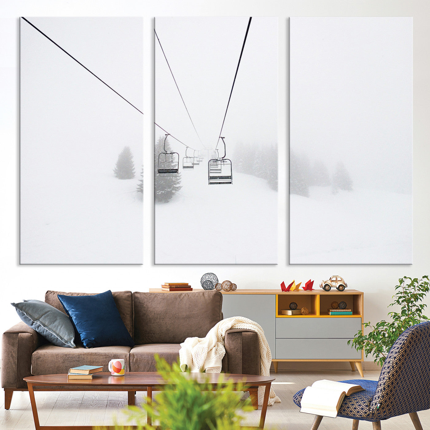 20216390-MGV-CV-36X24-Ski Lift Print Wall Art Canvas, Framed Snowy Landscape Art Picture Print, Alpine Adventure Perfect Nordic Minimalist Decor Artwork