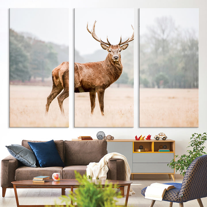 Vintage Wildlife Canvas Print, Framed Misty Landscape Art Picture Print, Deer Wall Art Perfect Rustic Wildlife Decor Artwork