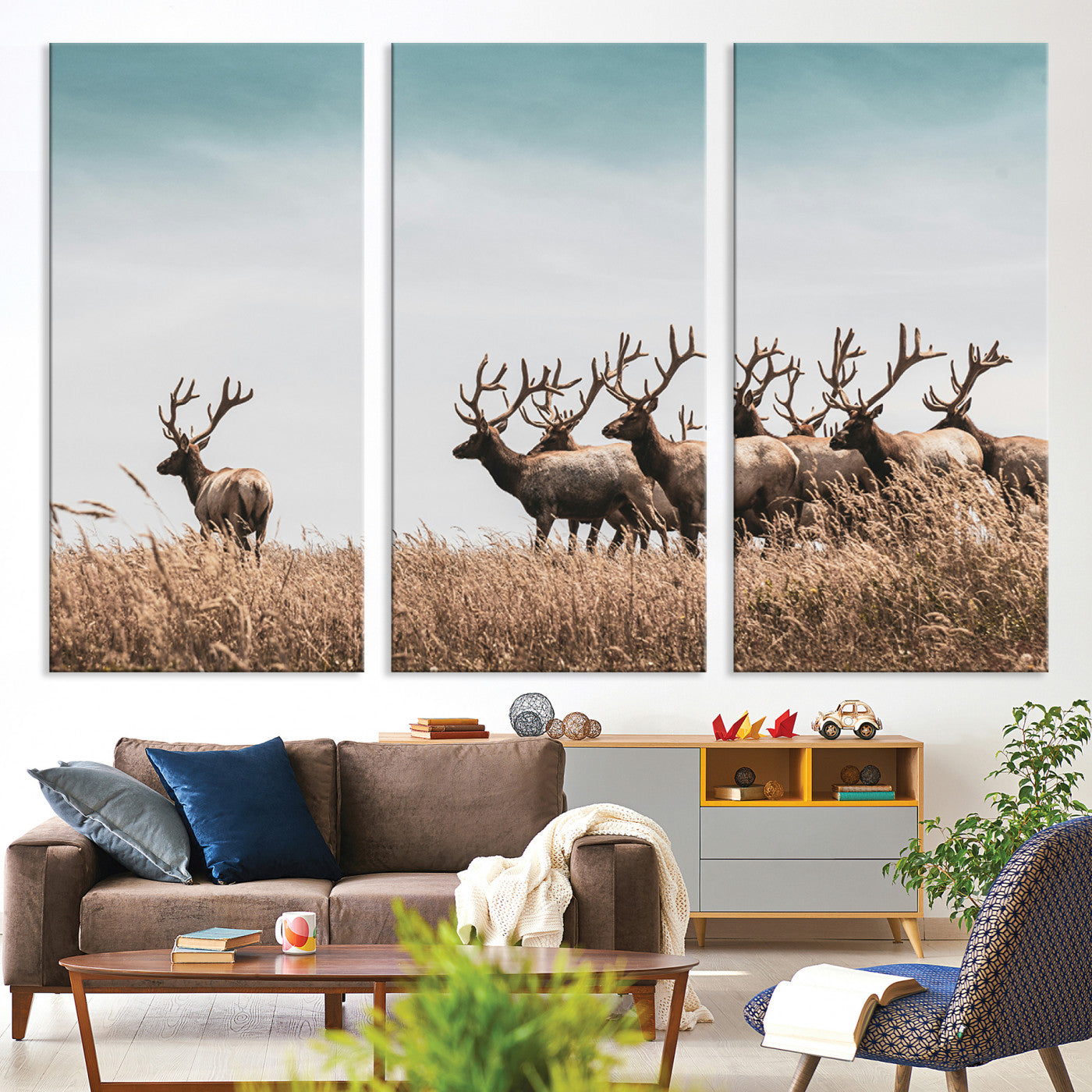 81594705-MGV-CV-36X24-Elk Herd Wall Art Canvas, Antler Canvas Print, Framed Wildlife Photography Art Picture Print, Rustic Nature Print Perfect Rustic Wildlife
