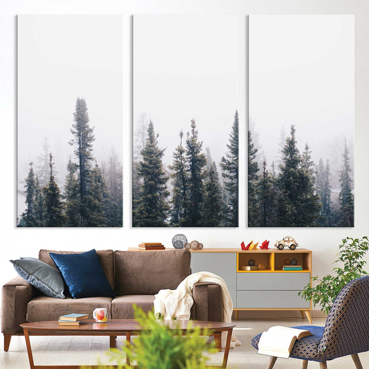 42364796-MGV-CV-36X24-Foggy Forest Wall Art Canvas Print, Framed Misty Pines Art Picture Print, Moody Woodland Perfect Scandinavian Minimalist Decor Artwork
