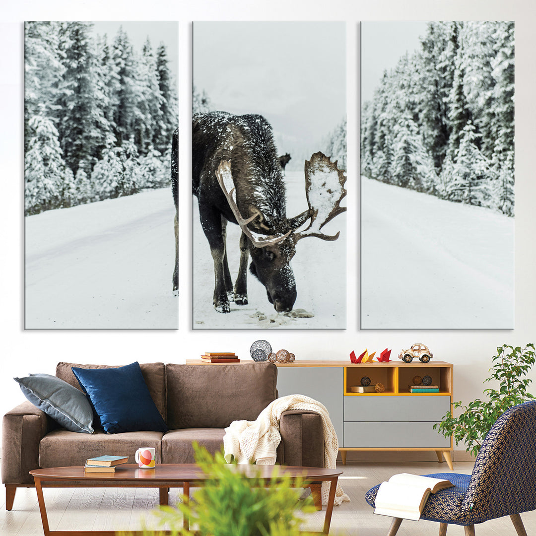 Moose in Snow Wall Art Canvas Print, Framed Winter Wildlife Art Picture Print, Snowy Forest Scene Perfect Rustic Lodge Decor Artwork