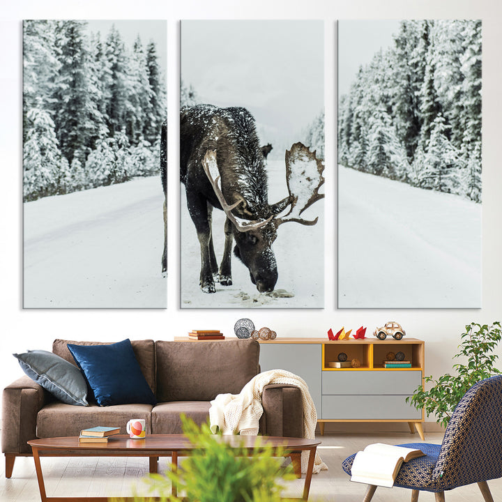Moose in Snow Wall Art Canvas Print, Framed Winter Wildlife Art Picture Print, Snowy Forest Scene Perfect Rustic Lodge Decor Artwork