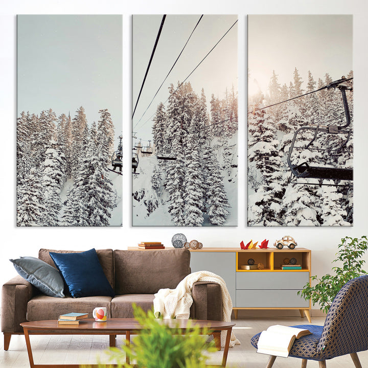 91534512-MGV-CV-36X24-Frosty Pines Wall Art Canvas Print, Framed Cozy Cabin View Art Picture Print, Ski Lift Ride Perfect Rustic Lodge Decor Artwork
