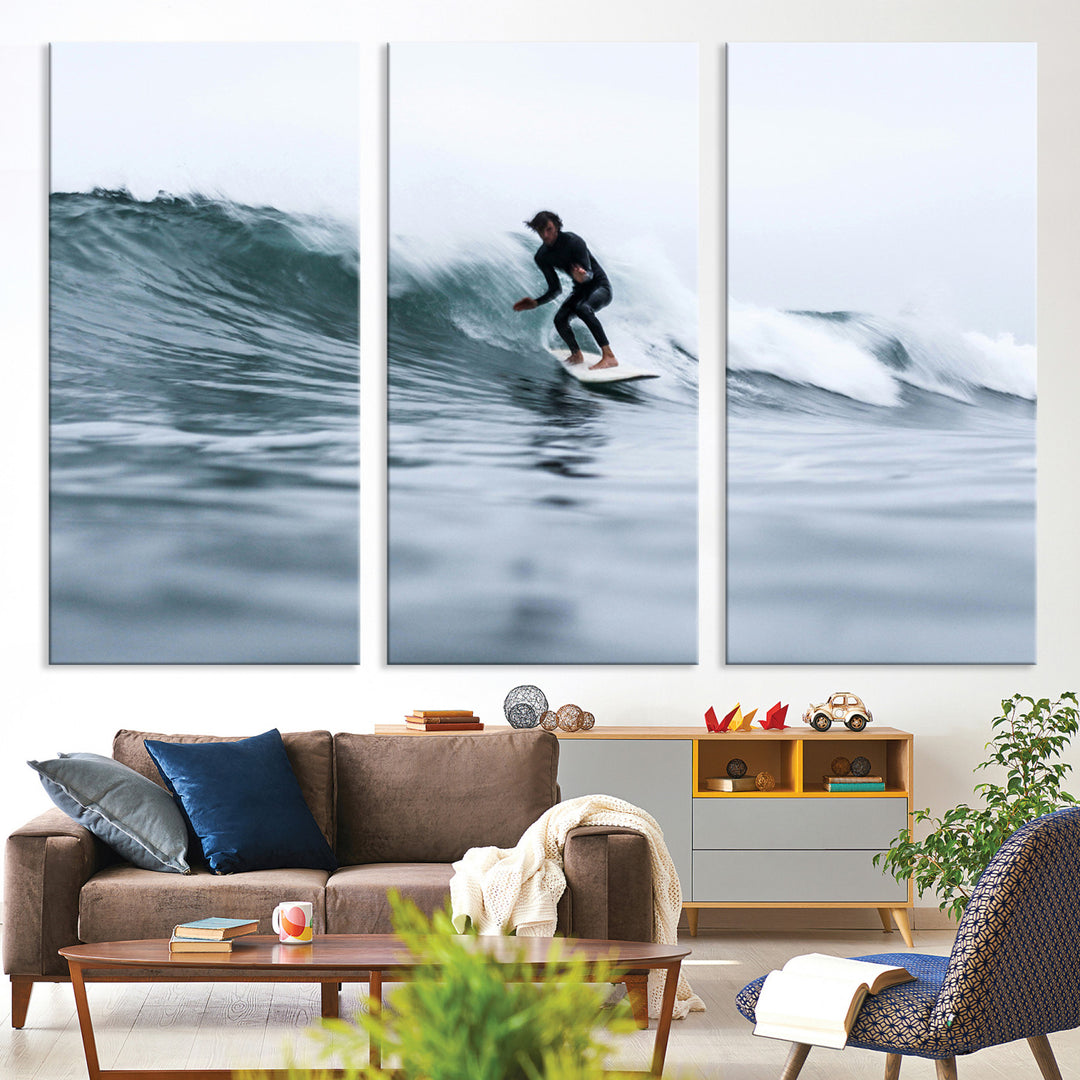 Surfer on Wave Wall Art Canvas Print, Ocean Adventure Print, Framed Motion Blur Water Art Print, Large Deep Blue Surf Printing
