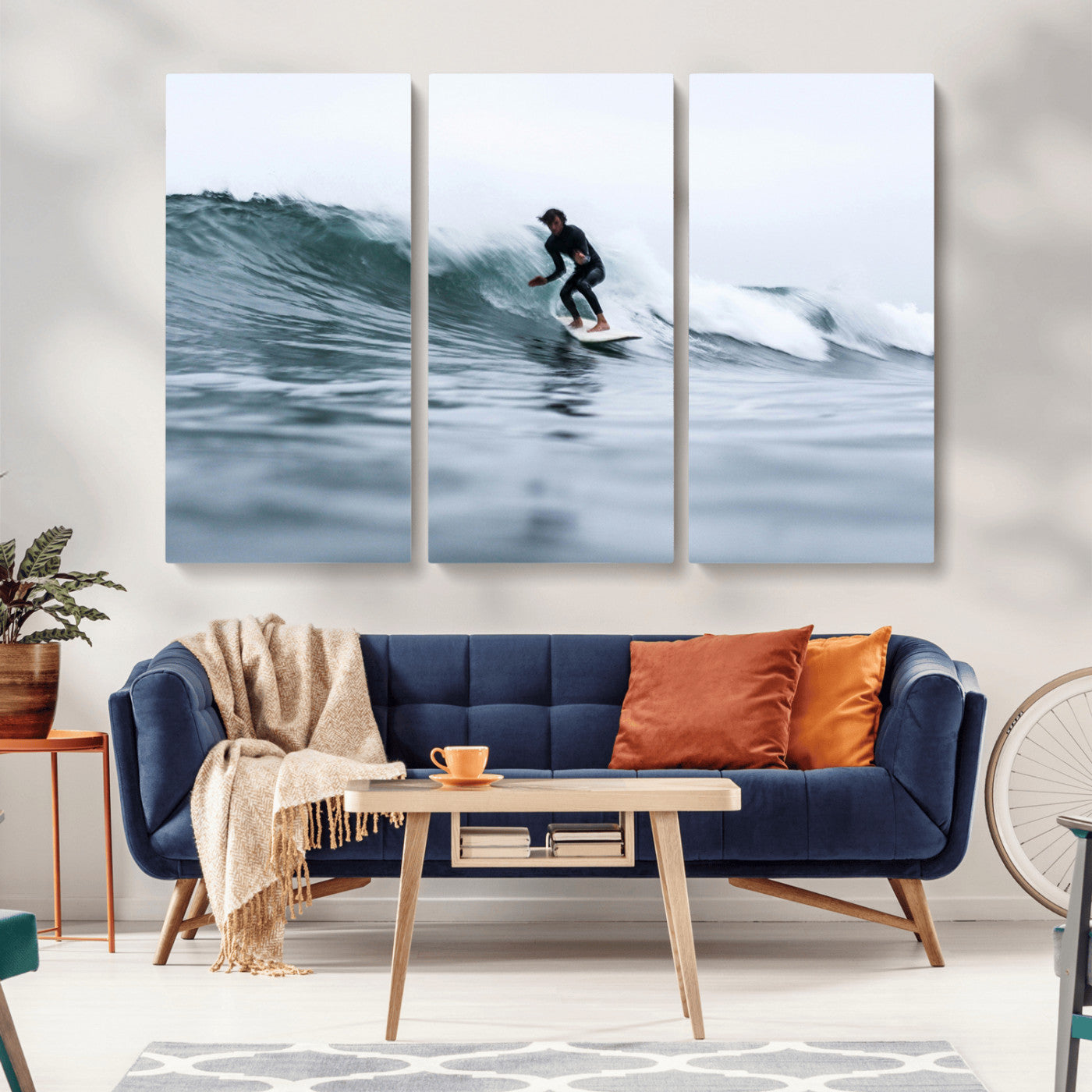 MGV-CV-48X32-3P - Surfer on Wave Wall Art Canvas Print, Framed Ocean Adventure Art Picture Print, Motion Blur Water Perfect Coastal Adventure Decor Artwork