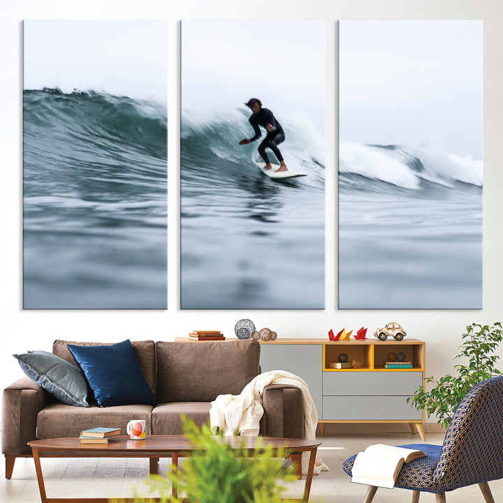 Surfer on Wave Wall Art Canvas Print, Ocean Adventure Print, Framed Motion Blur Water Art Print, Large Deep Blue Surf Printing