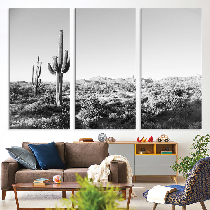 Saguaro Cactus Wall Art Canvas Print, Monochrome Landscape Print, Framed Scenic Arizona Art Print, Large Timeless Western Aesthetic Printing