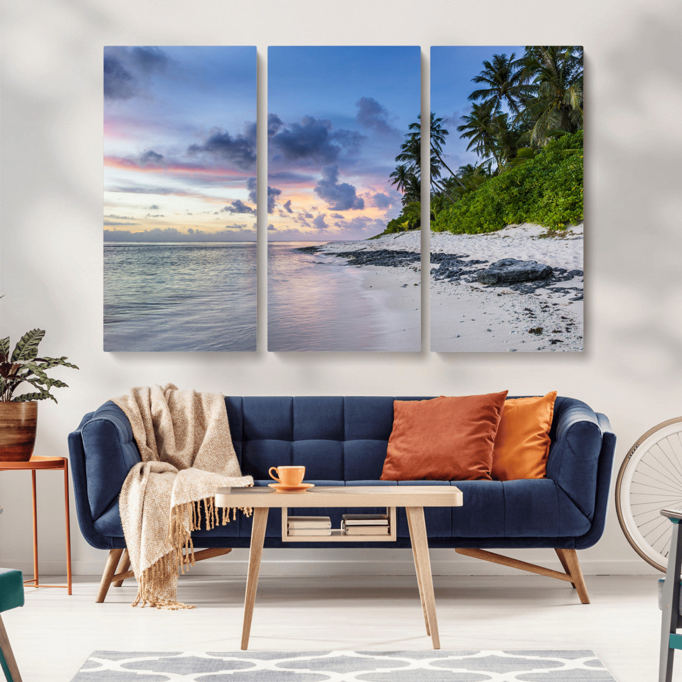 MGV-CV-48X32-3P - Tropical Beach Wall Art Canvas Print, Framed Sunset Glow Art Picture Print, Palm Tree Coast Perfect Tropical Coastal Decor Artwork