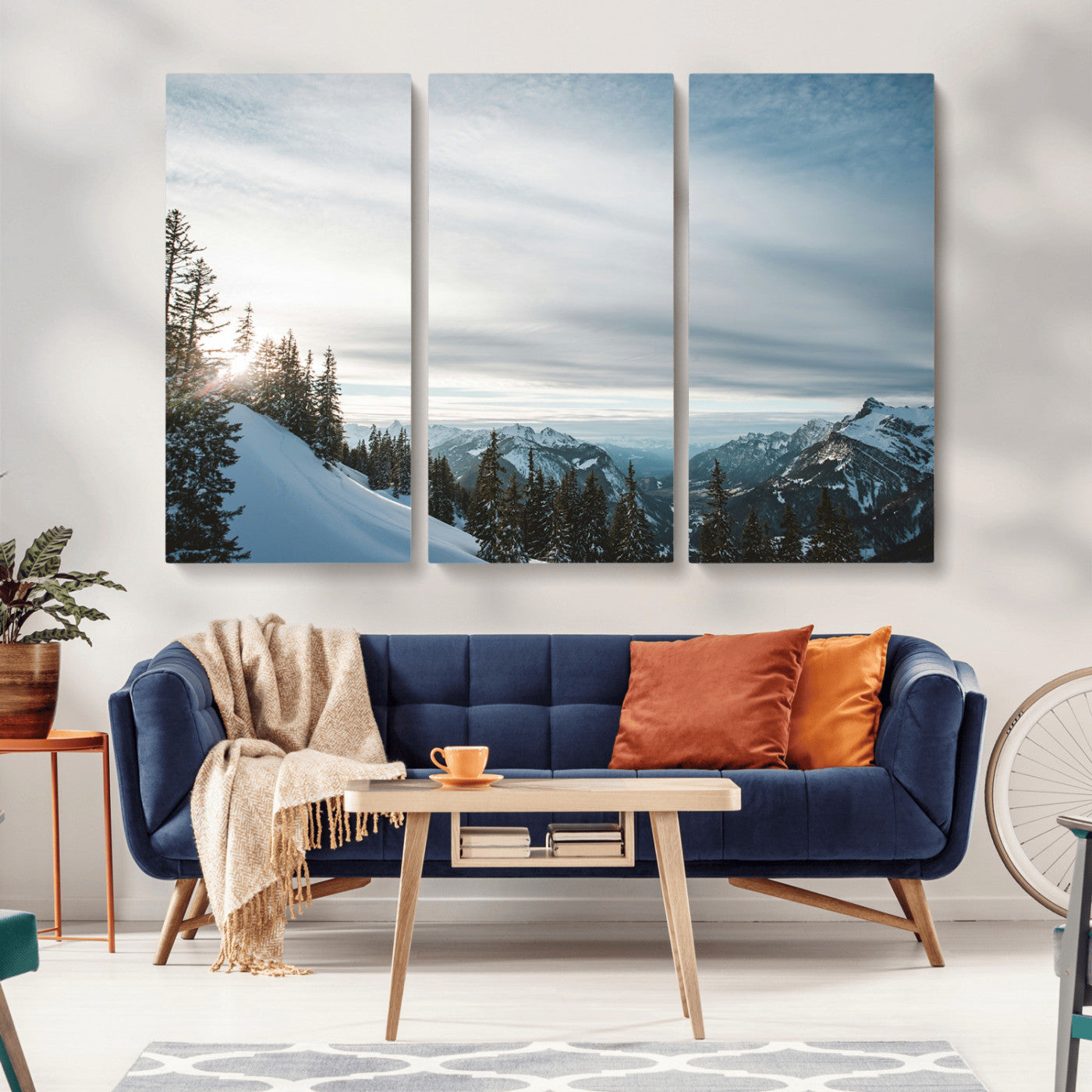 MGV-CV-48X32-3P - Snowy Mountains Wall Art Canvas Print, Framed Alpine Landscape Art Picture Print, Frosty Peaks Perfect Nordic Minimalist Decor Artwork